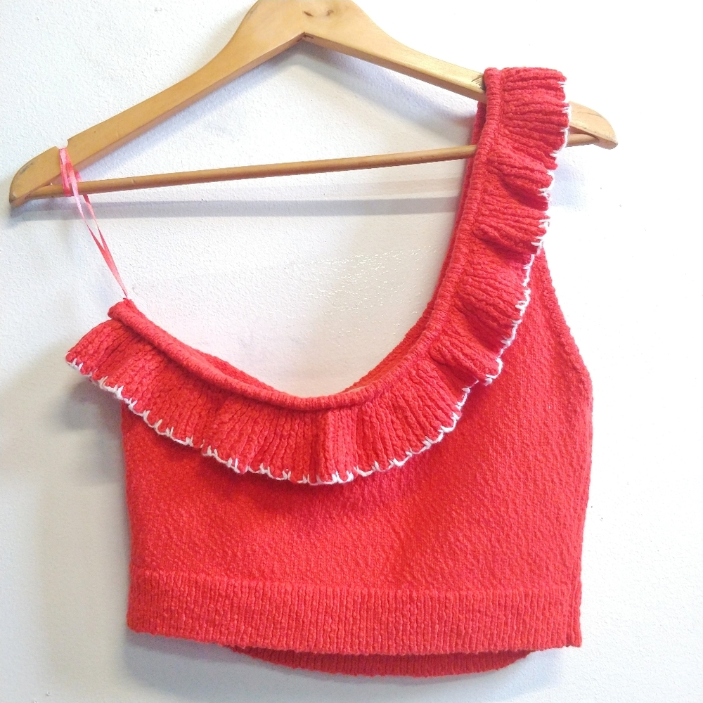 NEW Urban Outfitters Orange Molly Ruffle One Shoulder Crop L - Picture 6 of 9
